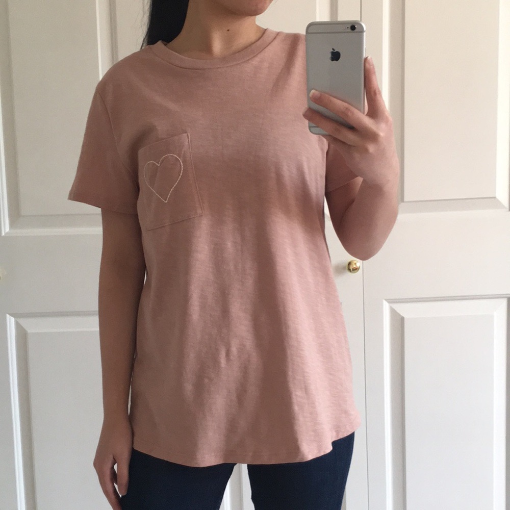 BELOVED - Dusty Pink Heart Embroidered With A Front Pocket Casual T-Shirt Tee - Picture 2 of 7